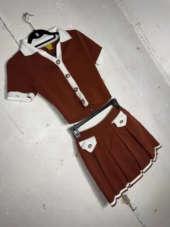 Daisy Two-Piece Knit Skirt Set Brown with White Contrast Trim and Gold Buttons - Picture 2 of 7